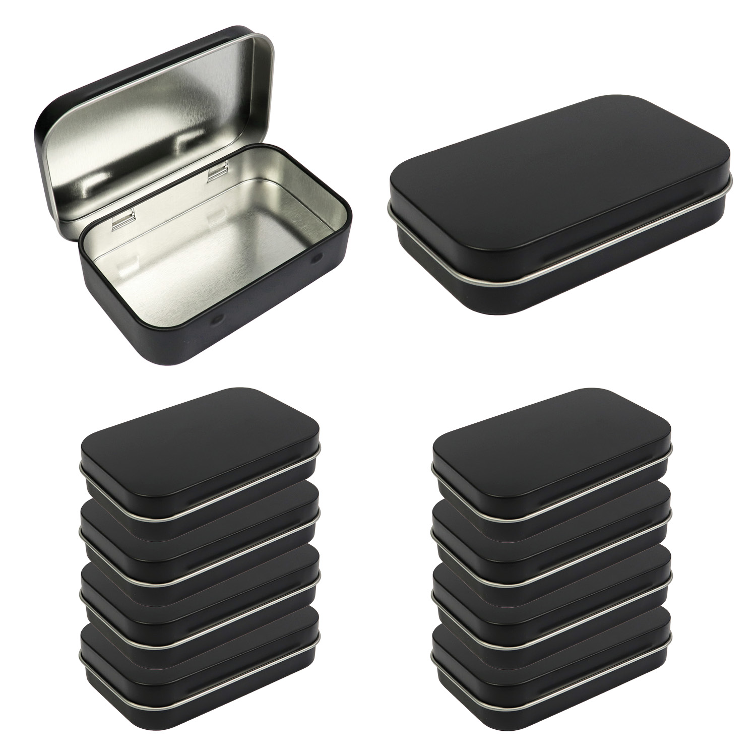 10 Pack Metal Rectangular Empty Hinged Tins Box Containers 3.75 by 2.45 by  0.8 Inch Black Mini Portable Box Small Storage Kit Home Organizer (10